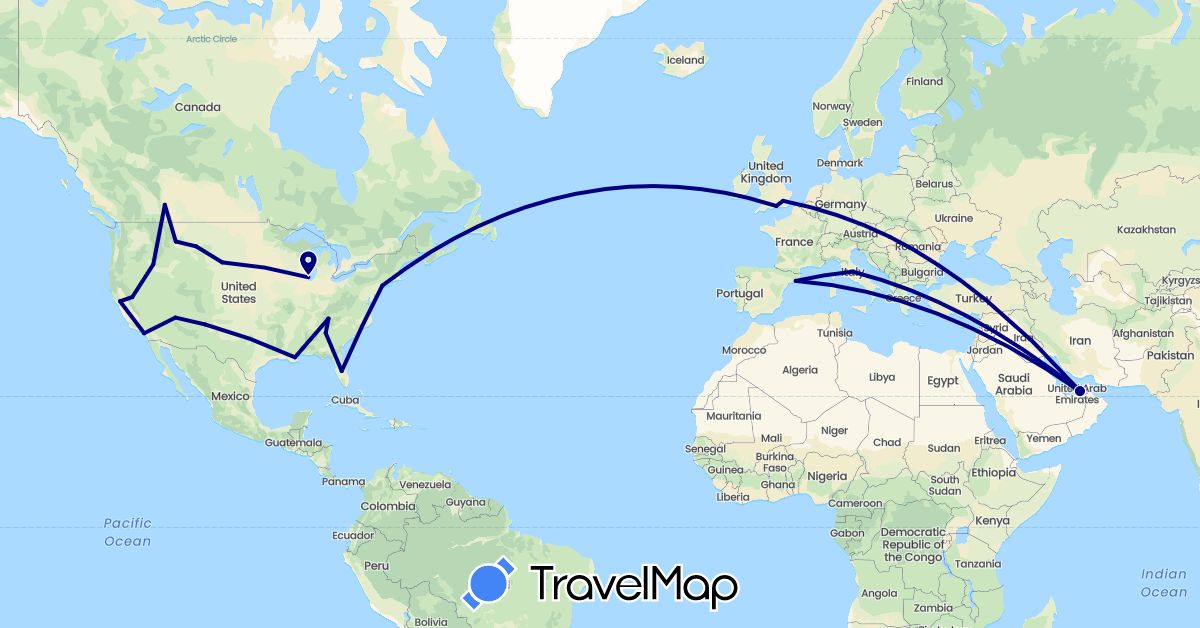 TravelMap itinerary: driving in United Arab Emirates, Canada, Spain, United Kingdom, Hungary, Italy, United States (Asia, Europe, North America)
